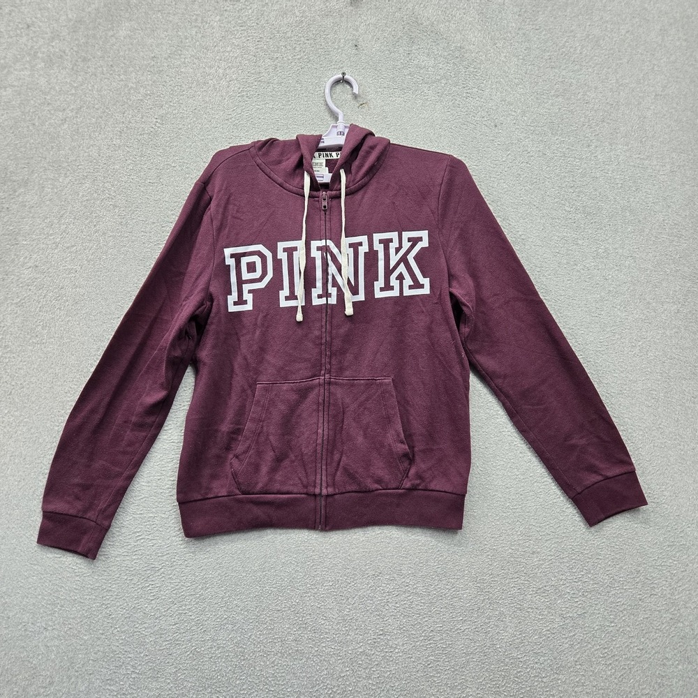 PINK Victoria's Secret Women Hoodie M Purple Fleece Logo Spellout Zipper